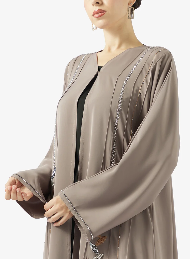 hayas closet  Floral Embroidered Open Front V Neck Abaya for Women | Best Price UAE